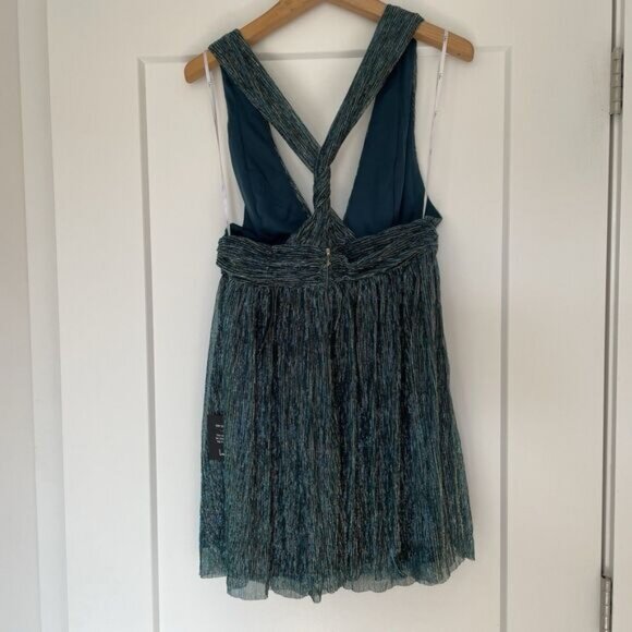 NWT LULUS Size L Ailey Teal & Gold Pleated Low Cut Mini Cocktail Dress - Picture 3 of 14